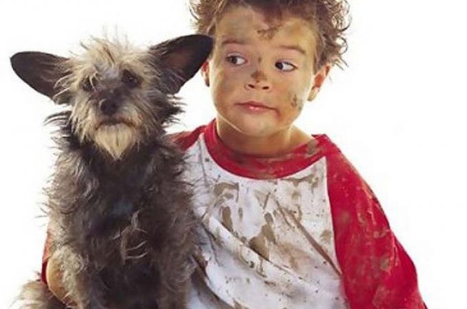 dirty kid and dog