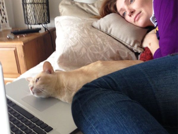 Woman in bed with cat